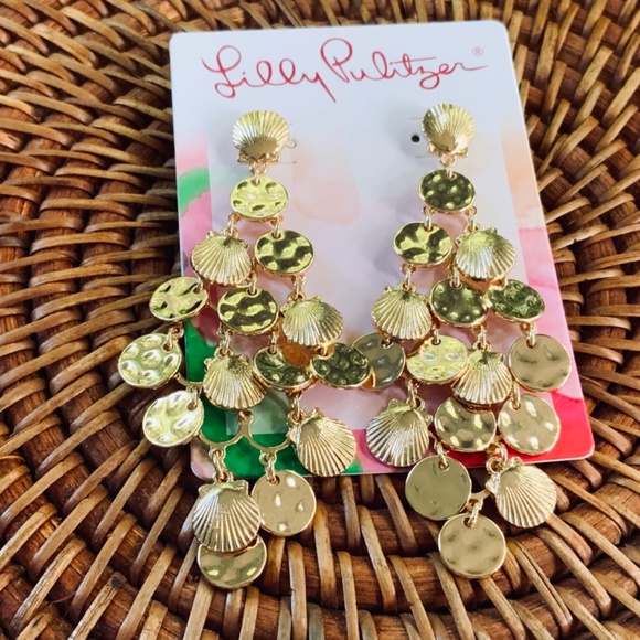 Lilly Pulitzer EARRINGS NWT BEAUTIFUL GOLD SHELL MARACA DANGLING⭐️PIERCED/POST - Picture 5 of 11